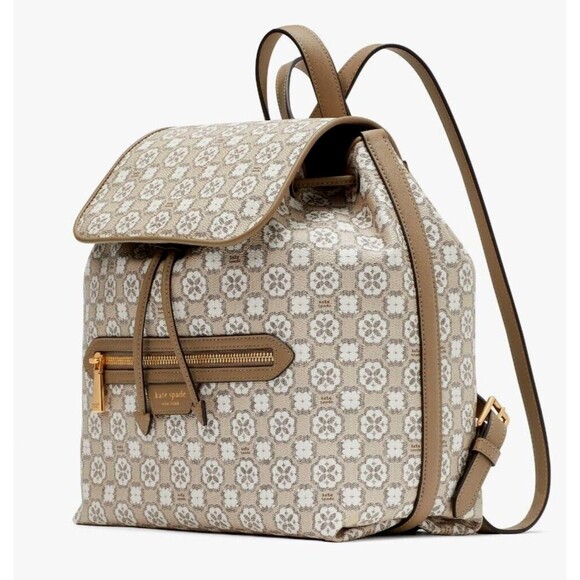 New Kate Spade Flower Monogram Coated Canvas Medium Backpack Natural Multi - Picture 2 of 5